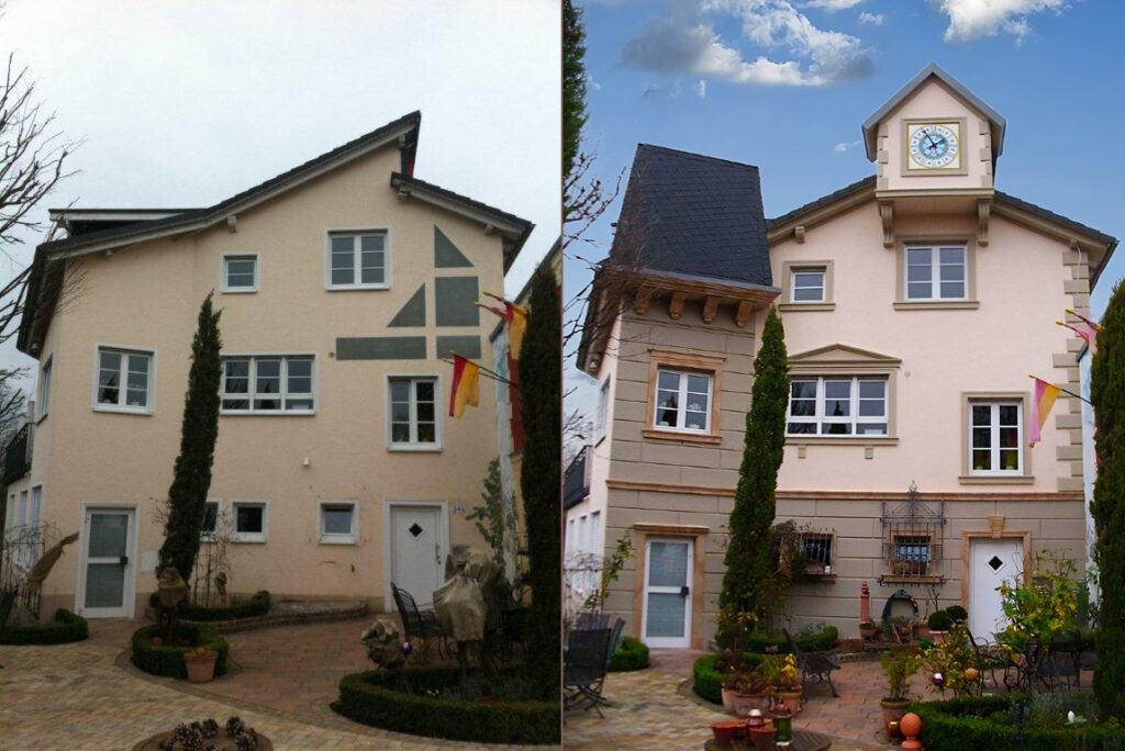 Kloke Haus Fassade. Vorher-Nachher